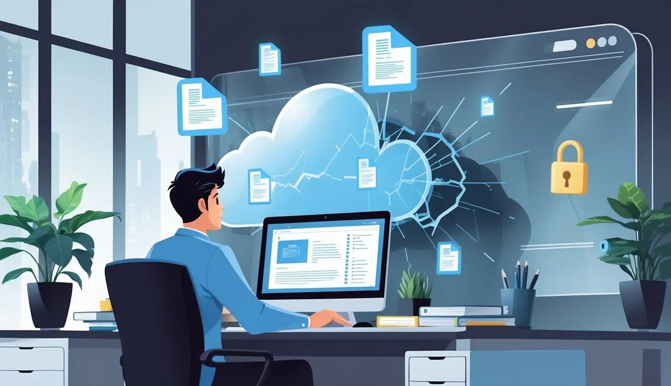 Illustration of a shattered cloud security shield, representing unintentional data leakage and vulnerability when using non-enterprise AI tools.
