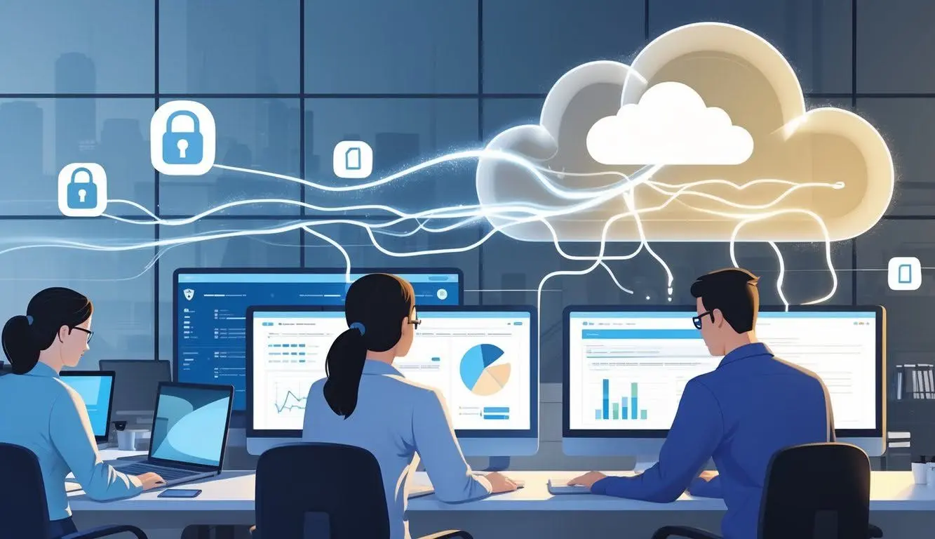 A professional team working within a secure network environment, emphasizing the need for clear AI policies and data classification protocols.