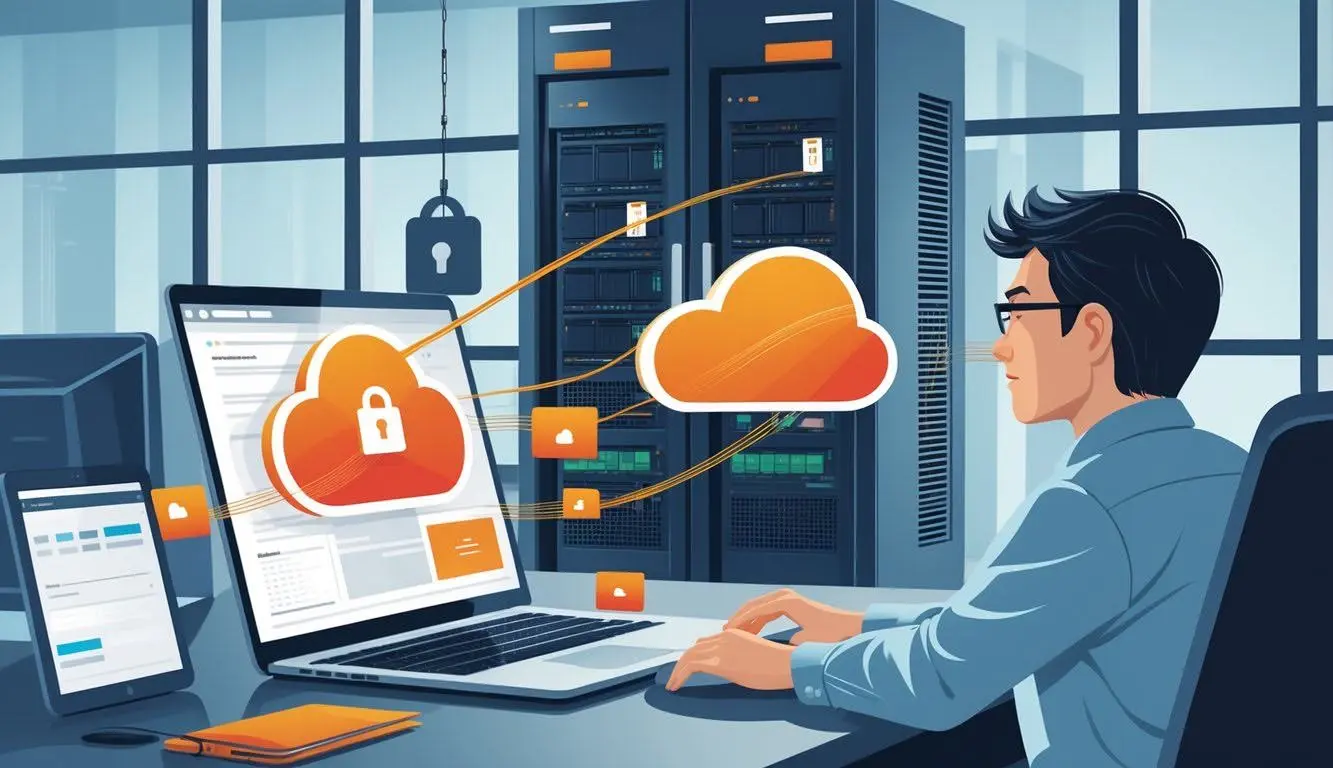 Secure server infrastructure with padlock icons, representing the safety of enterprise-grade LLM solutions with built-in privacy protections.