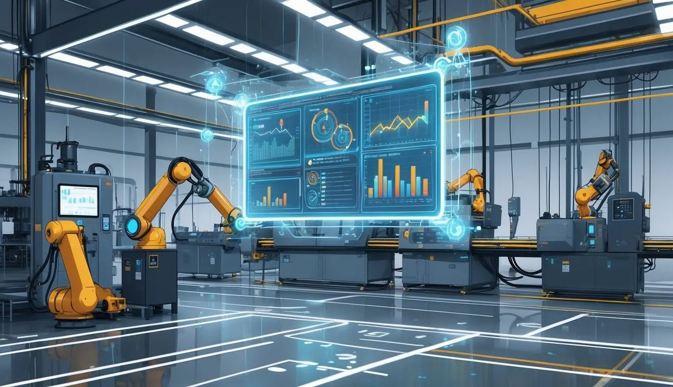 Smart factory robotic arms being monitored by autonomous AI systems to prevent unexpected downtime and optimize performance.