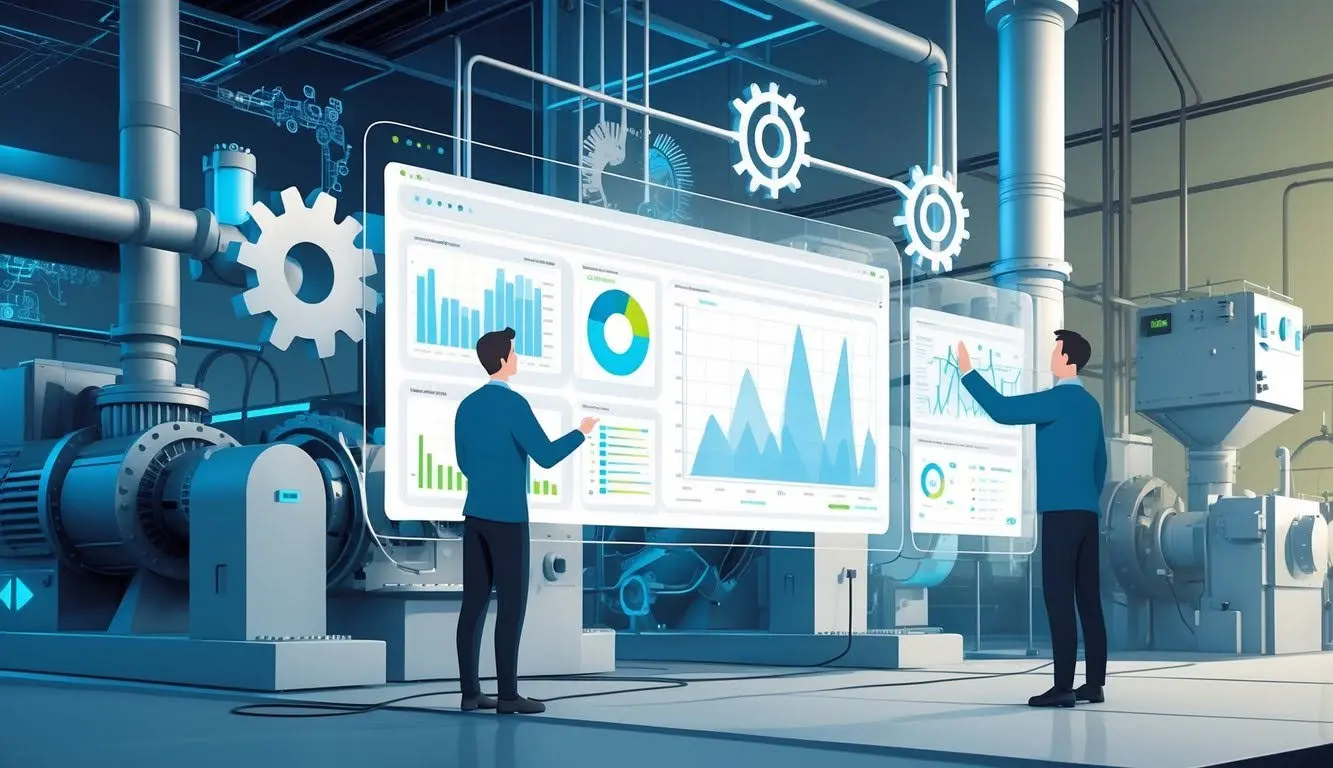 Technicians interacting with a holographic display showing predictive failure patterns and equipment health status.