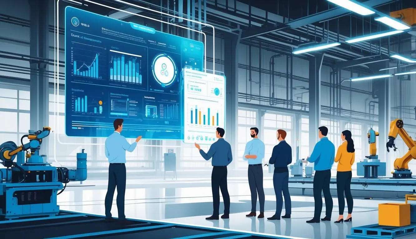 Engineering team analyzing data-driven insights and reliability metrics on a large-scale industrial dashboard.