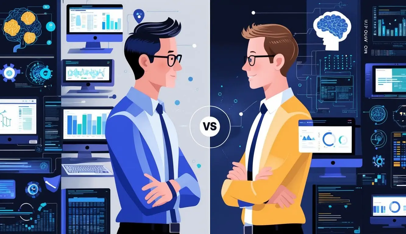 Visual representation of the distinct mindsets of a Fractional CAIO (AI innovation) versus a Fractional CTO (technical stability).