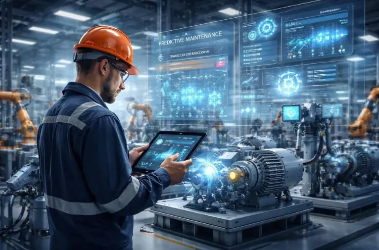 Factory worker analyzing predictive maintenance analytics and motor performance metrics on an advanced digital tablet interface.