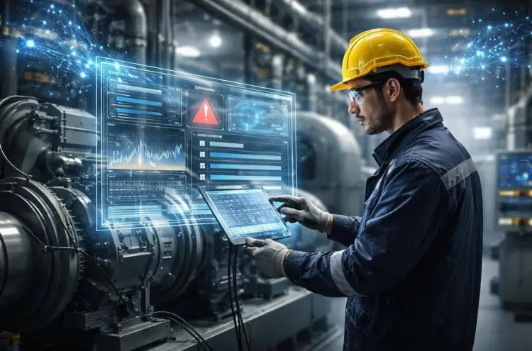 Maintenance technician using a tablet with an augmented reality interface displaying AI-generated diagnostic alerts and equipment performance data.