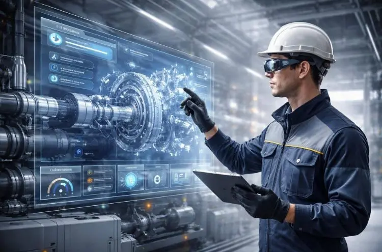 Industrial technician using a tablet and advanced augmented reality glasses to interact with a complex holographic dashboard showing machine diagnostics and operational data.
