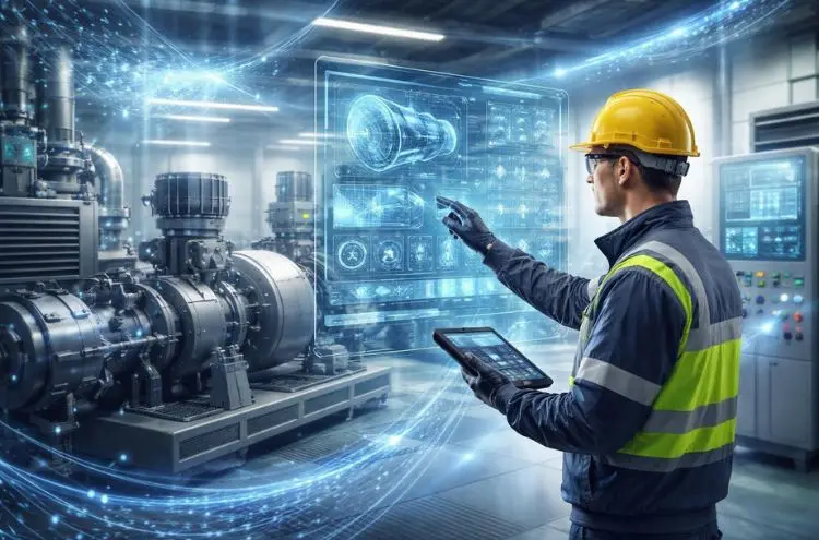 Industrial engineer interacting with a futuristic holographic digital twin schematic to access real-time equipment insights and data integration.