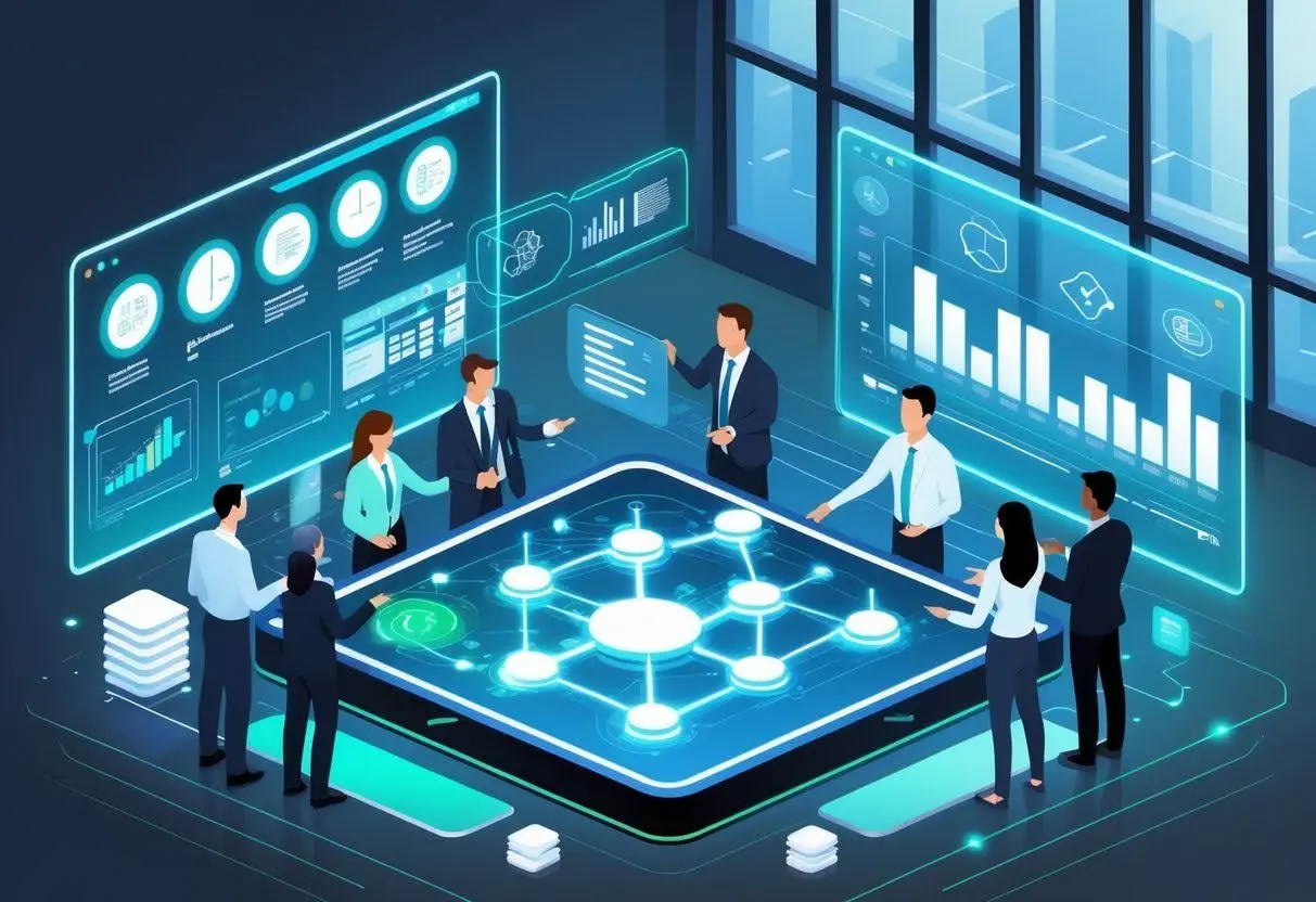 An illustrated business team monitoring AI performance by analyzing KPIs and charts on a digital dashboard, representing the continuous improvement and governance phase of an AI roadmap.
