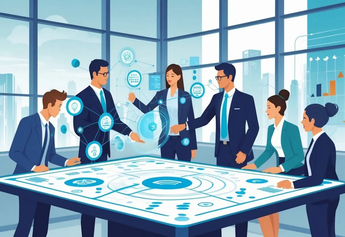 Illustration of a business team collaboratively planning an organizational transformation, using a digital interface to shape their AI strategy and manage cultural change.