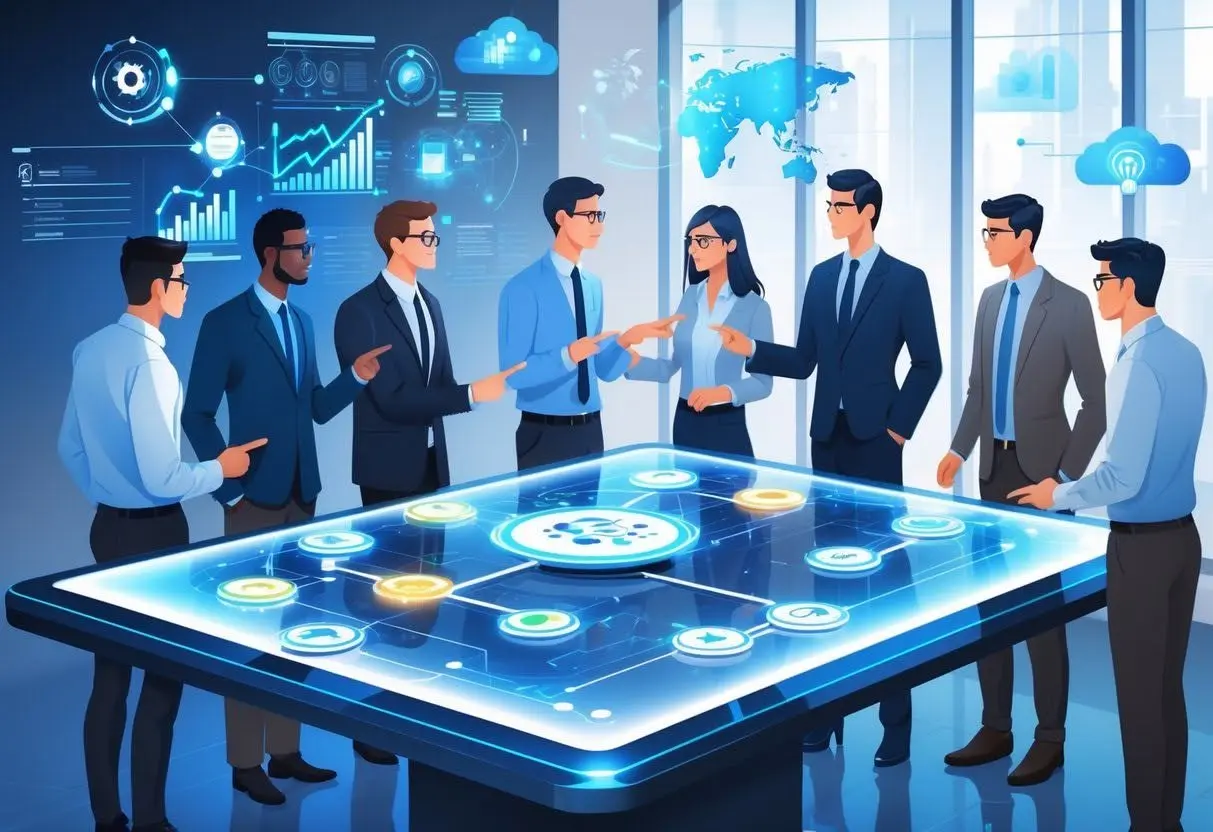 Illustration of a diverse business team collaborating around a futuristic digital table to align the company's AI roadmap with global business goals.