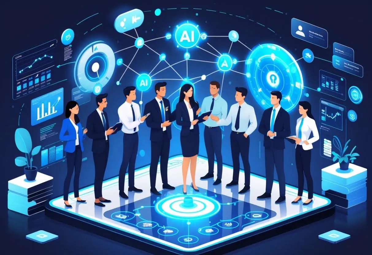 Illustration of a cross-functional team collaborating around a central data hub, symbolizing the process of building and upskilling an AI team to drive data-driven decisions.