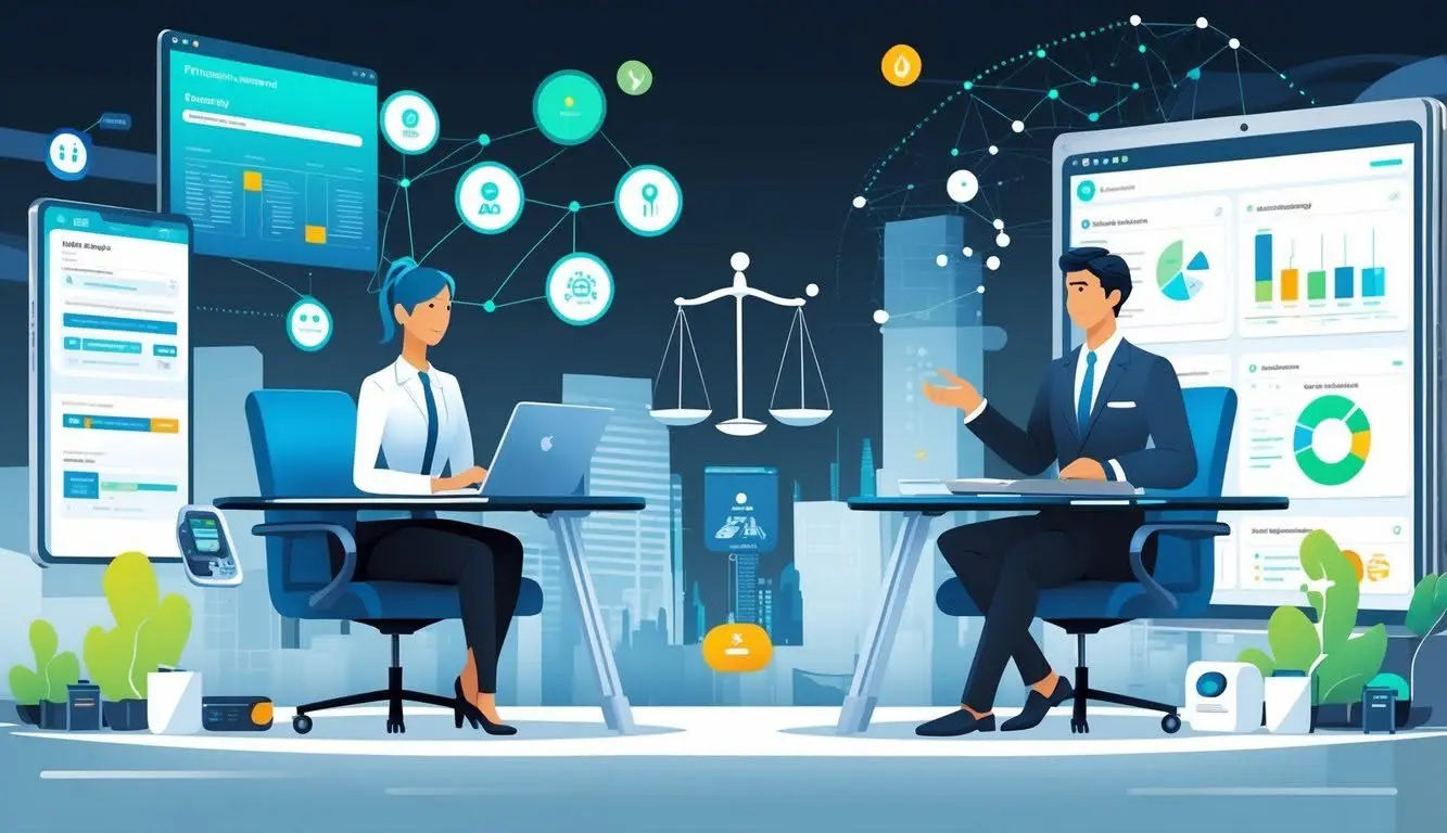 Illustration of AI leadership impacting organizational growth, showing professionals analyzing data dashboards and scales symbolizing balanced strategic decisions for innovation.