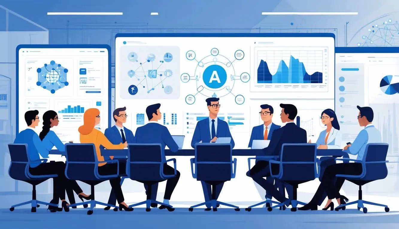 A business team in a boardroom discusses AI strategy, reviewing data dashboards to align artificial intelligence initiatives with company objectives.