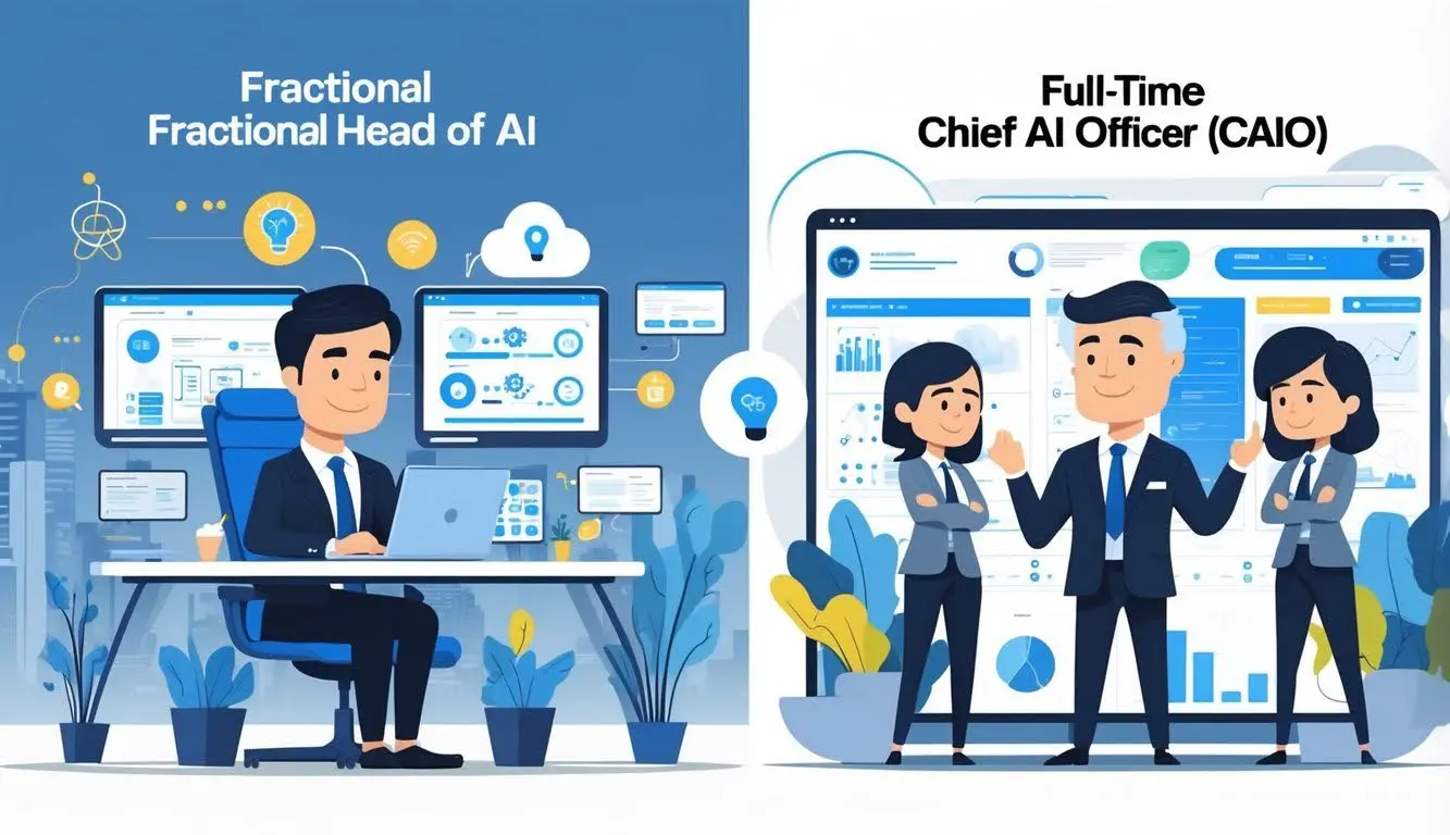 Split-screen graphic comparing a Fractional Head of AI working solo versus a Full-Time CAIO collaborating with an in-house team, illustrating the two AI leadership models.
