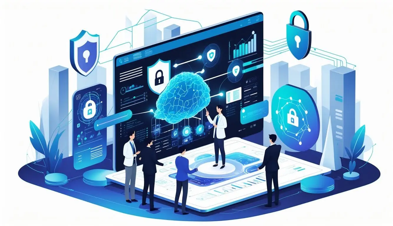 IT analysts reviewing AI model metrics and security locks on a digital interface, representing AI governance, compliance auditing, and model watermarking strategies.