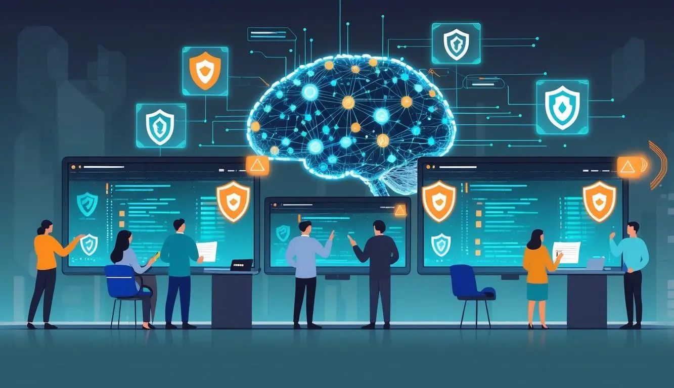 Cybersecurity professionals monitoring screens with shield icons protecting a central digital brain, illustrating defense strategies against AI-specific threats like prompt injection.