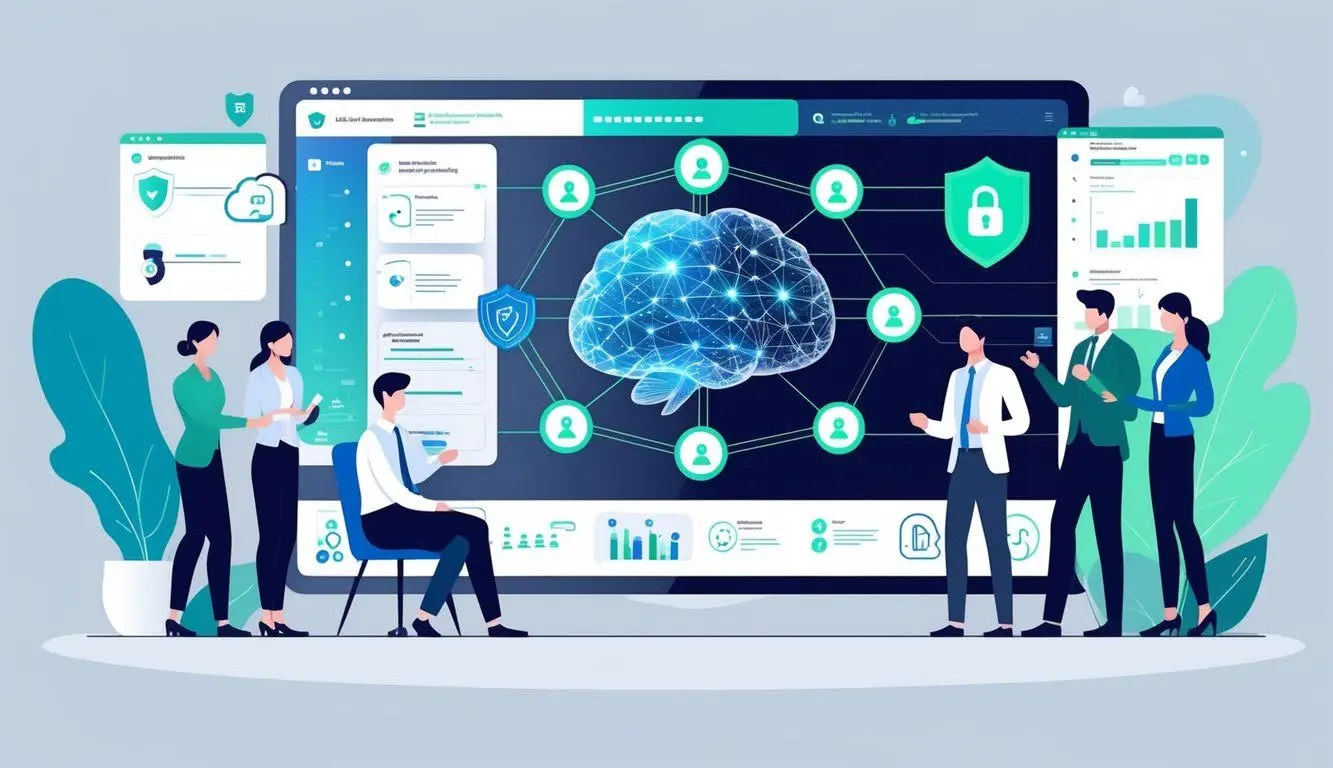 Secure network infrastructure showing diverse users connected to a central AI brain with shield icons, representing access control and data privacy in LLM deployments.